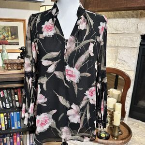 White House Black Market Blouse Womens 6 Floral Bell Sleeve Sheer Boho Romantic